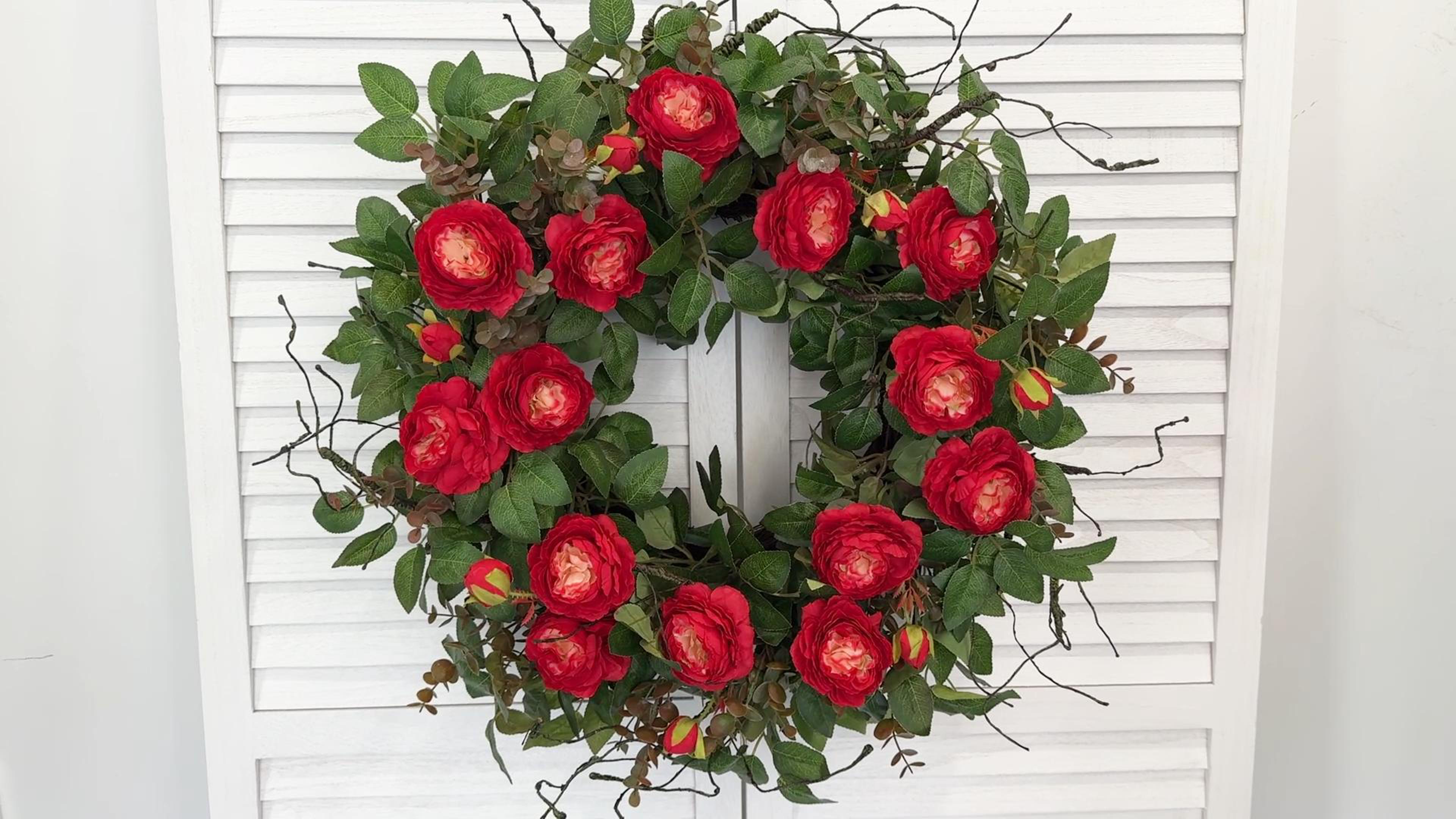 thumbnail video image 2 of 24 Inch Blossom Cabbage Rose Wreath Flame Red & Burgundy Flower Ivy Everyday Summer Wreath for Valentine's day, Thanksgiving Day, Christmas, 2 of 9