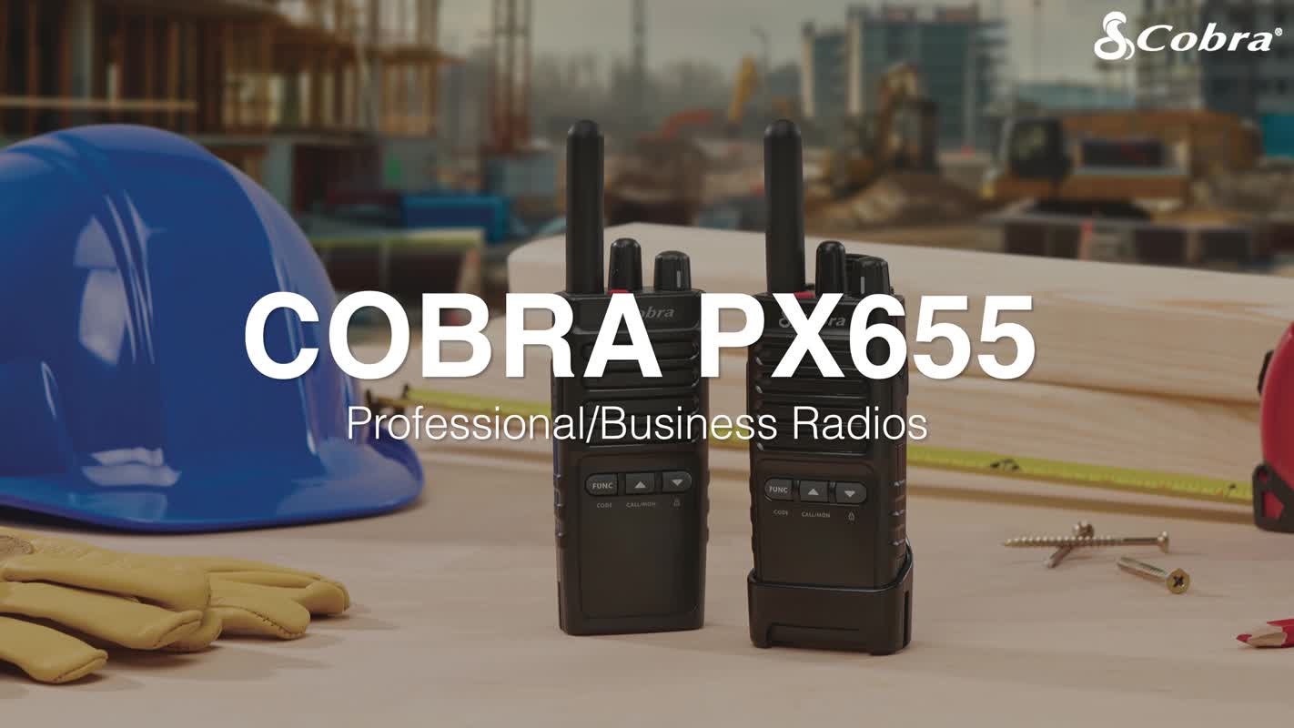 thumbnail video image 2 of Cobra PX655 Pro Business 2W FRS Two-Way Radios (2-Pack) IPX4 Waterproof Walkie Talkies, up to 42 miles, 300,000 Sq ft. & 25 Floors, 22 Channels, 2 of 17