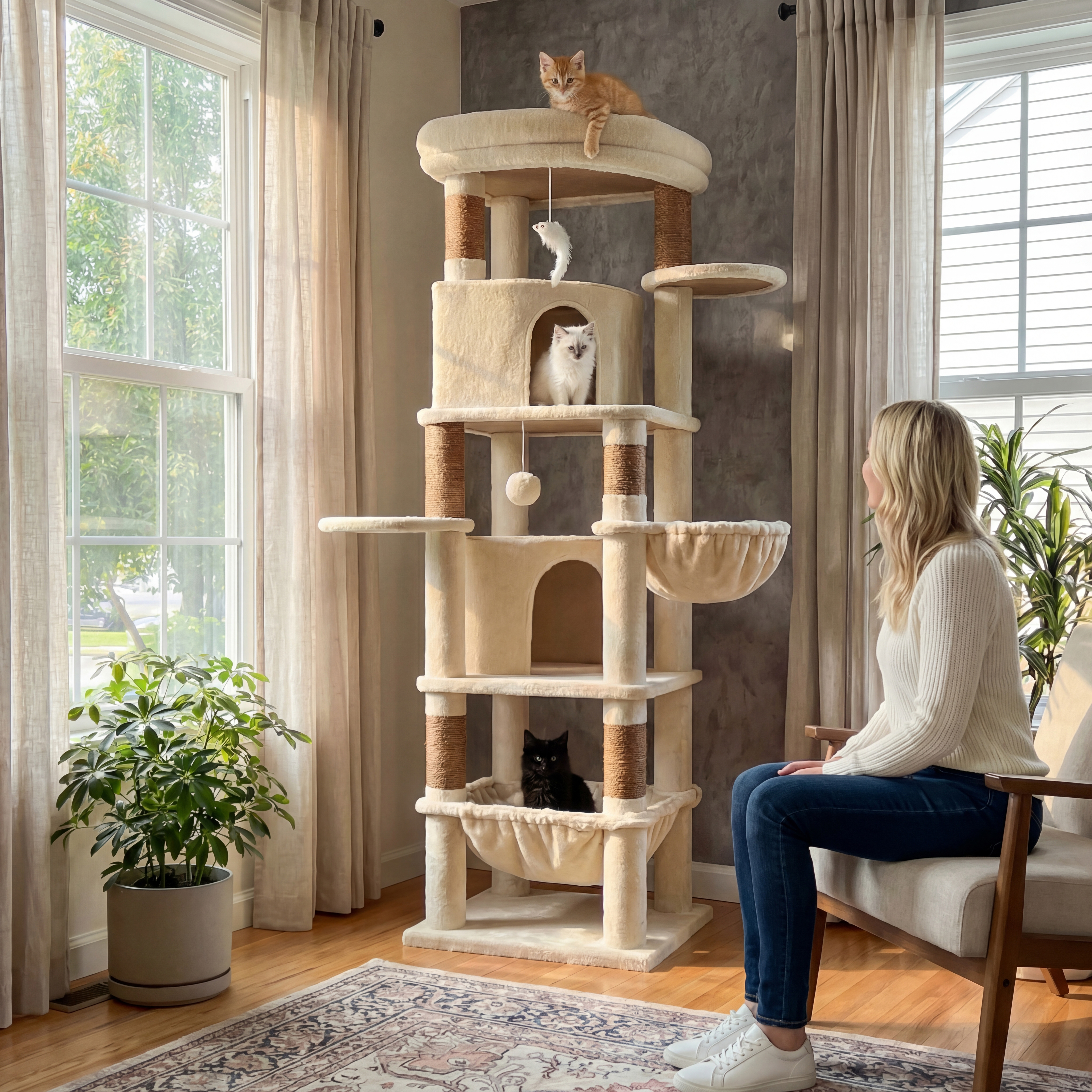thumbnail video image 2 of Globlazer 68" Large Corner Cat Tree Tower Condo for Cats with 6 Sisal Scratching Posts, 2 Condos, Hammock & Hanging Basket, Beige, 2 of 9