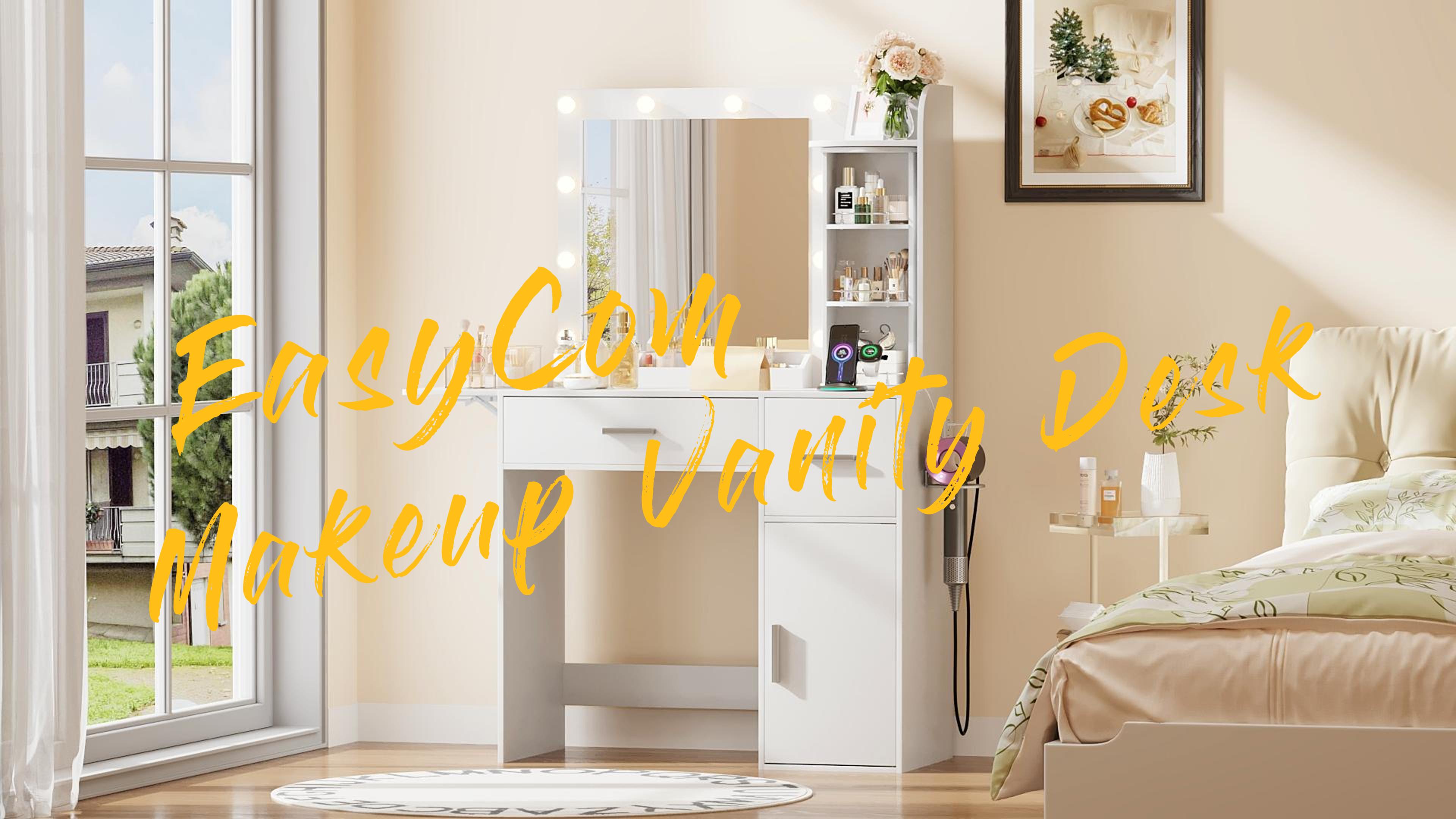 thumbnail video image 2 of POAO Vanity Desk with Rotating Jewelry Organizers,Makeup Vanity with Mirror and Lights,Dressing Table with USB-C Charging, 2 Drawers & Cabinet,White, 2 of 10