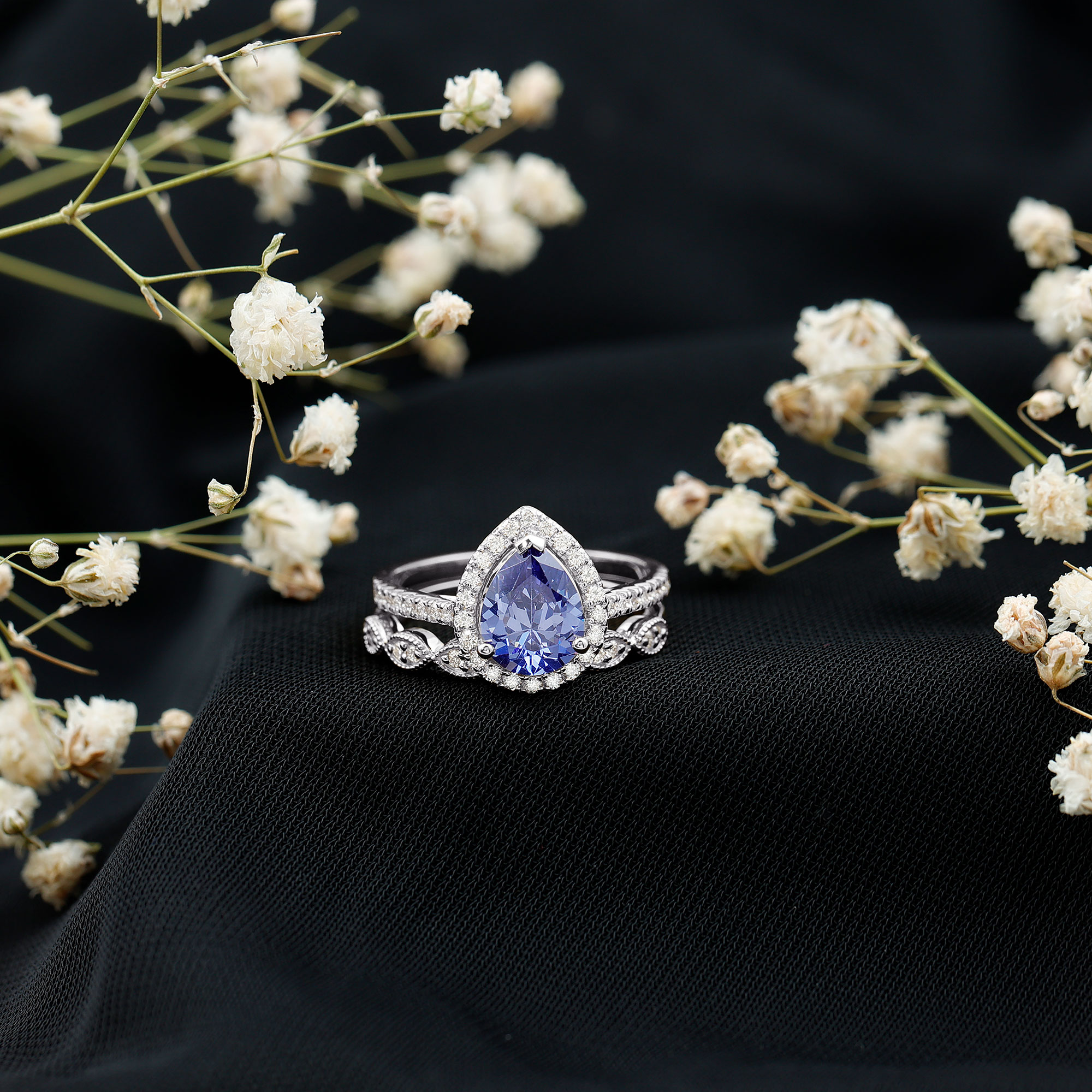 thumbnail video image 2 of Lab Grown Blue Sapphire Ring Set with Diamond - Designer Ring Set, 10K White Gold, US 9.00, 2 of 9