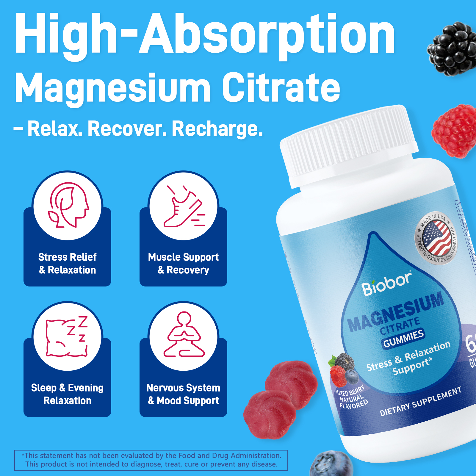 thumbnail video image 2 of Biobor High Absorption Magnesium Citrate Gummies 200mg for Calm, Muscle/Nerve Relaxation, Mixed Berry, 60 Ct, 2 of 6