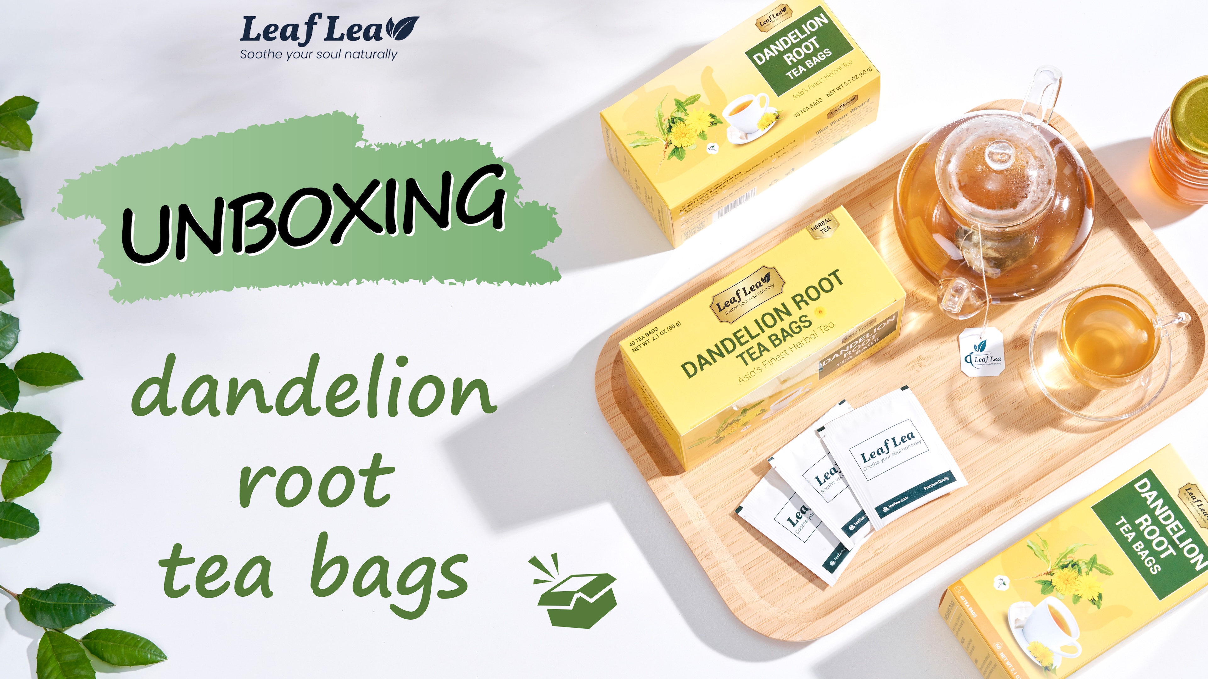 thumbnail video image 2 of LeafLea Dandelion Tea Bags, All Natural and Pure Dandelion Root Tea, Caffeine-Free, Vegan, No Sugar, Gluten-Free, Non-GMO, 80 Individually Wrapped Tea Bags, 2 of 17