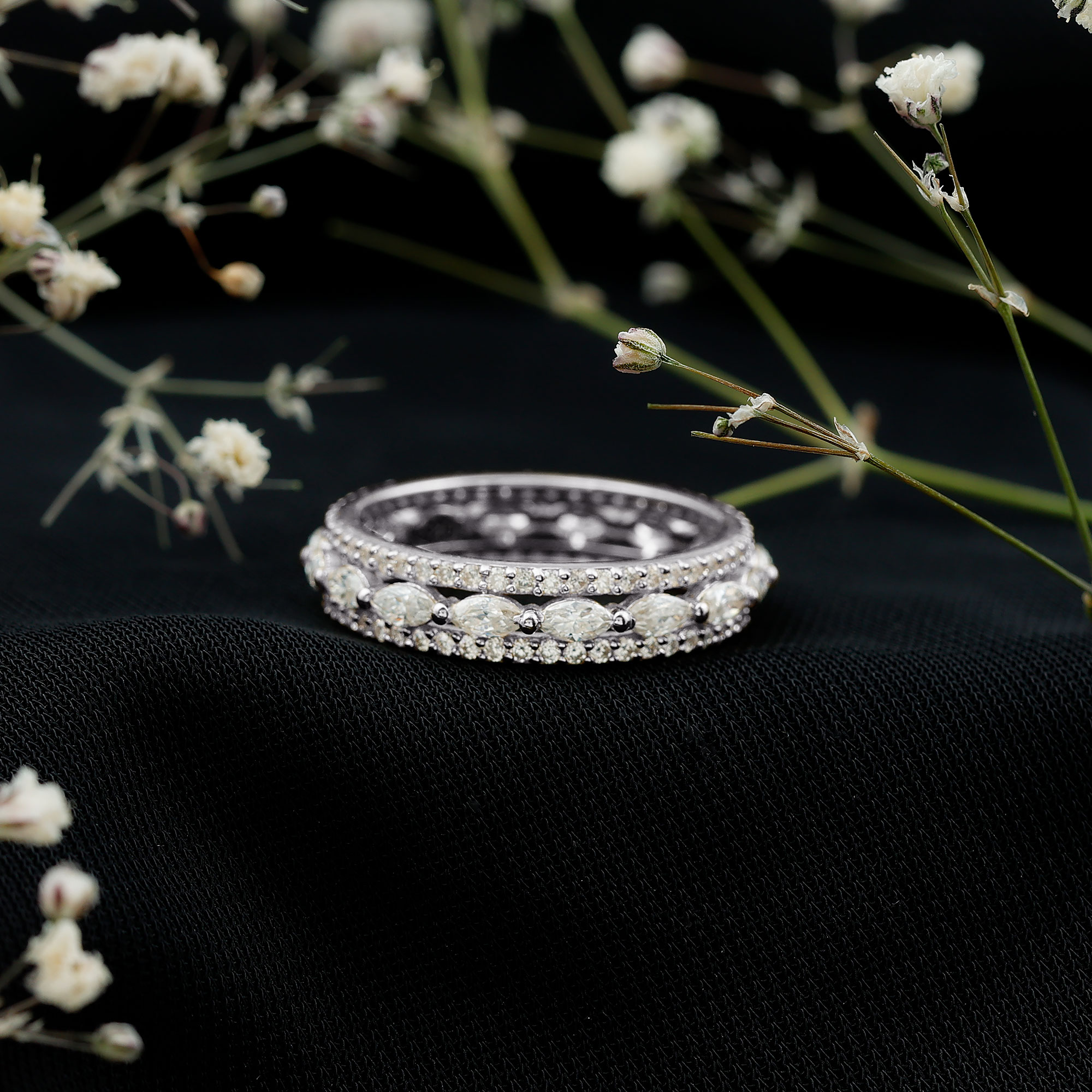 thumbnail video image 2 of Rosec Jewels Lab Created Diamond Wedding Band for Women - 3 Row Diamond Band - EF-VS Quality, 18K White Gold, US 8.00, 2 of 9