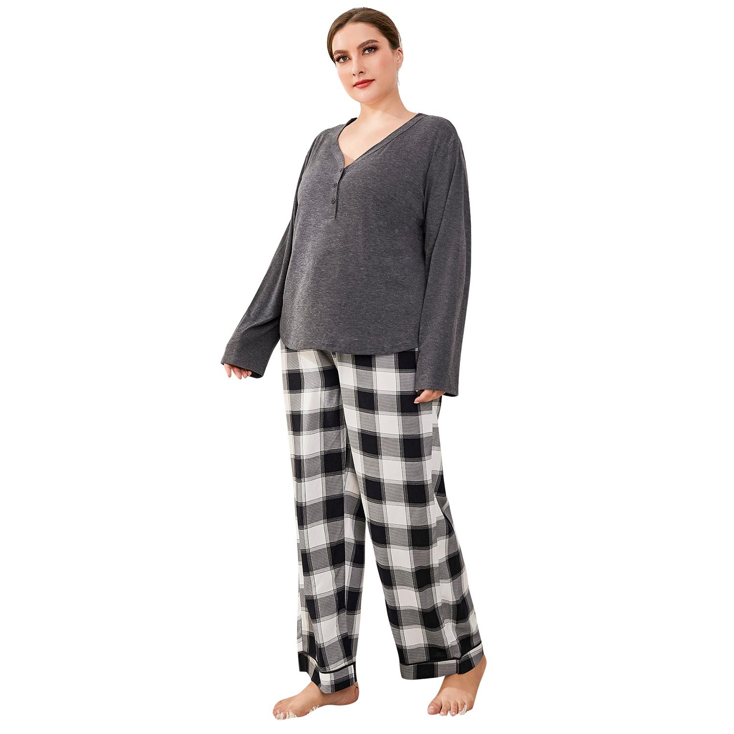 thumbnail video image 2 of ebukurty Plus Size Pajama Sets for Women 2 Piece Grey V-neck Long Sleeve Sleepwear, Size 1XL-5XL, 2 of 8