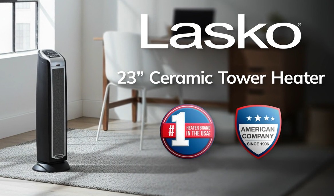 thumbnail video image 2 of Lasko 1500W Electric Oscillating Ceramic Tower Space Heater with Remote, 5790, Black, 2 of 11