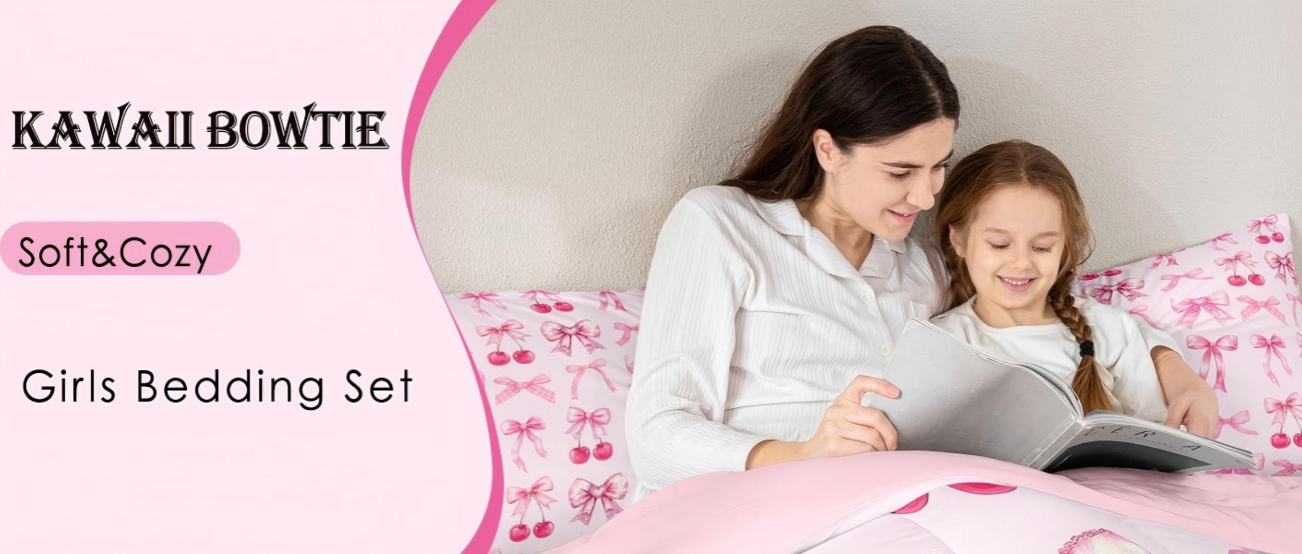 thumbnail video image 2 of Manfei Cartoon Bowtie Queen Comforter Set,Pink Bow Bowknot Bedding Sets,Red Cherry Bedding Comforter Set For Girl,Microfiber Room Decor Reversible,3-Piece, 2 of 9