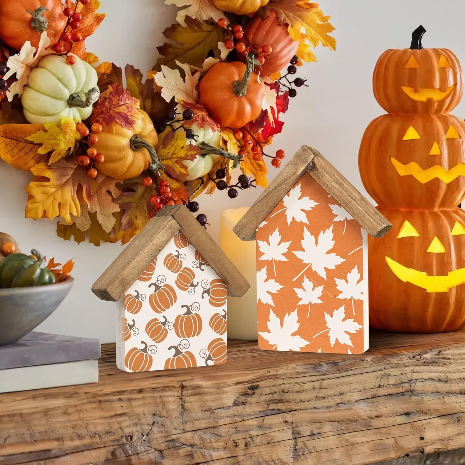 thumbnail video image 2 of Set of 2 Fall Decorations for Home, Wooden Pumpkin Harvest Sign, Orange Autumn Thanksgiving Decorative Signage Indoor Table Shelf Mantel Tiered Tray Desk Rustic Farmhouse Home Decorations, 2 of 7