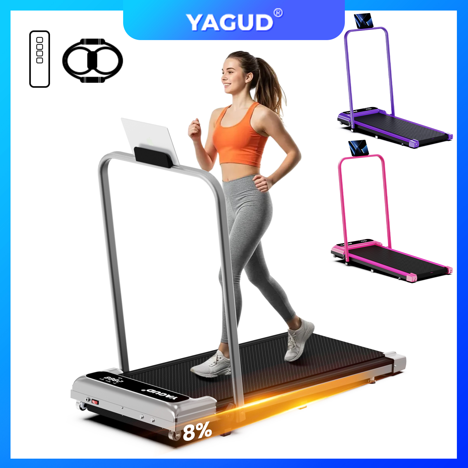 thumbnail video image 2 of Yagud Walking Pad Treadmill with Handle Bar and Adjustable Incline, 3.8HP Portable Electric Treadmills with Wheels for Home, Home Treadmills with Incline, 0.5-3.8MPH, Silver, 2 of 11