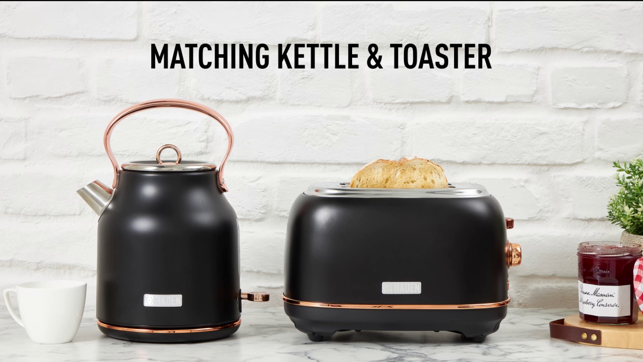 thumbnail video image 2 of Haden Heritage Electric Water Kettle & 2 Slice Wide Toaster, Black & Copper, 2 of 13