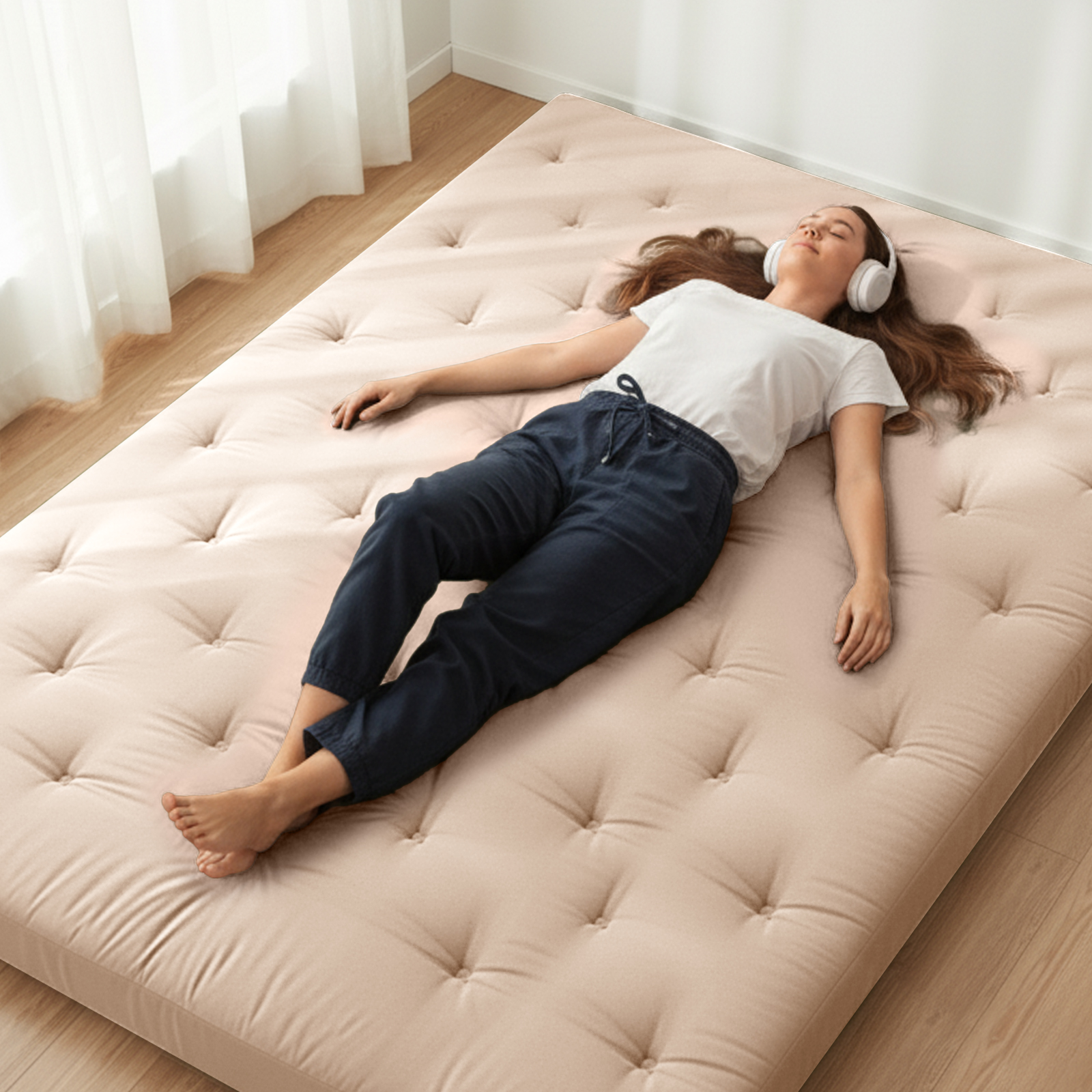 thumbnail video image 2 of ZonLi Japanese Floor Futon Mattress Twin Size 75"x 39", 100% Cotton Cover 2.5'' Thicken Tatami Mattress, Foldable Sleeping Pad, Portable Dormitory Tatami Mat(Khaki), 2 of 9
