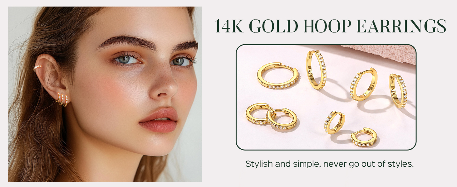 thumbnail video image 2 of ChicSilver 14K Gold Plated Sterling Silver Huggie Hoop Earrings Cubic Zirconia Hoop Earrings for Women Small Cartilage Earrings Hypoallergenic 10MM, 2 of 10