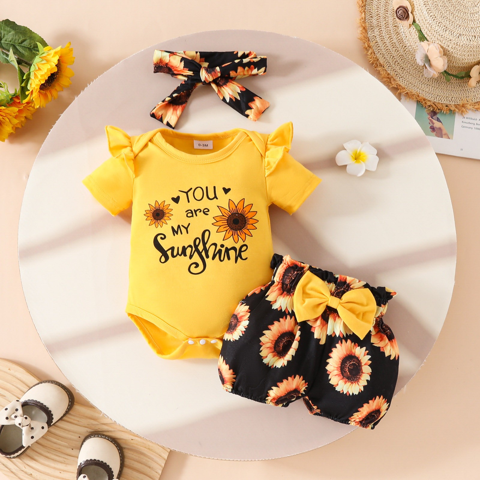 thumbnail video image 2 of TOWED22 Newborn Infant Baby Girl Clothes Romper Shorts Set Floral Summer Outfits Cute Baby Girl Clothing(Yellow,6-9 M), 2 of 10
