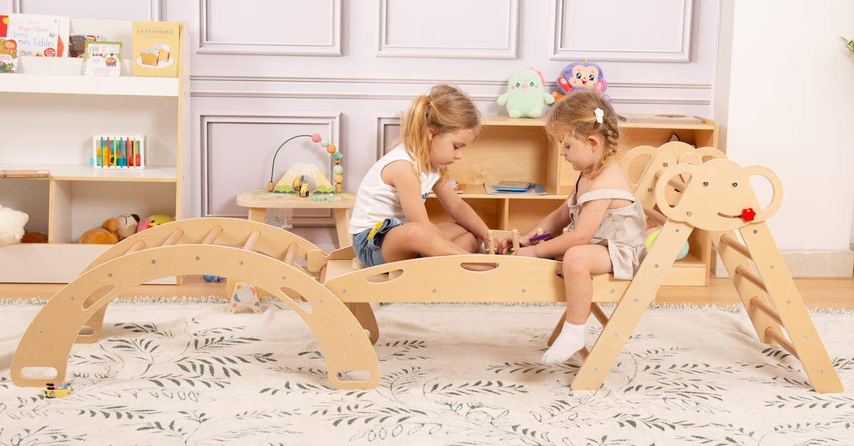 thumbnail video image 2 of Pikler Triangle Set with Cushion, 8 in 1 Wooden Montessori Climbing Toys Indoor Playground Jungle Gym Playsets for Toddler, Baby, Kid, 2 of 9