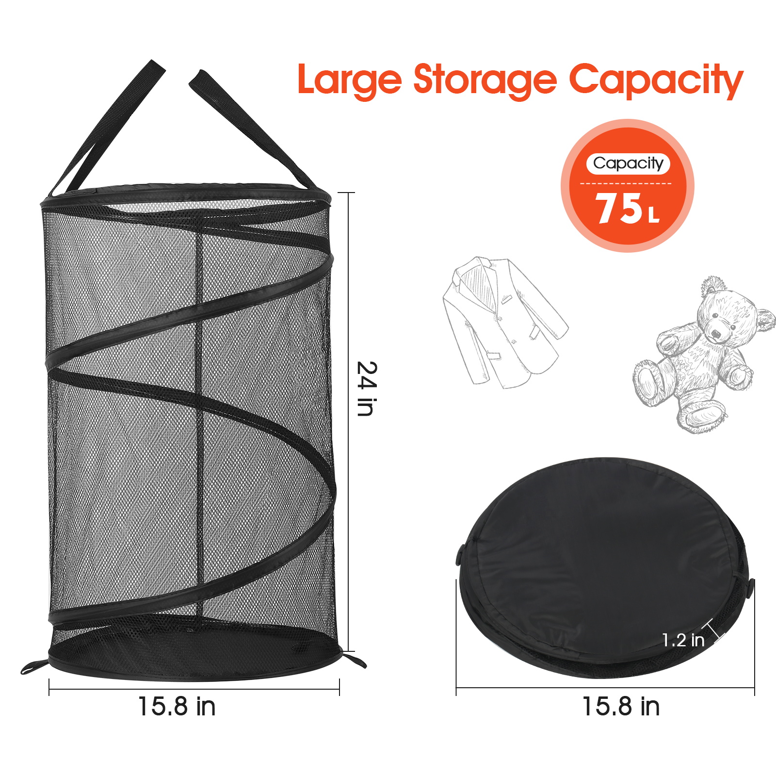 thumbnail video image 2 of MADIKA Pop-up Collapsible Mesh Laundry Hamper 75L, Foldable Dirty Clothes Basket Black 24"H, 2 of 8