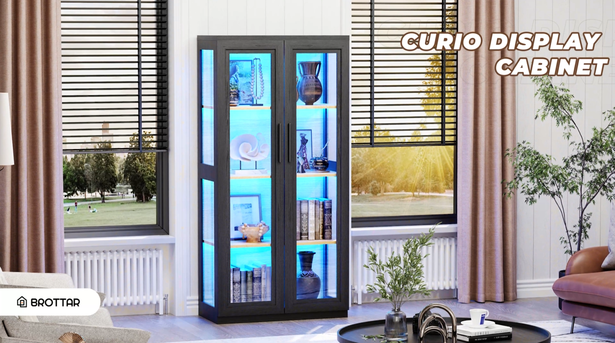 thumbnail video image 2 of BROTTAR 65" Curio Display Cabinet with Glass Doors, 3 Color Lights & Human body Sensor, Black, 2 of 9