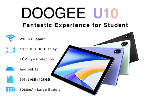 thumbnail video image 2 of DOOGEE U10 Android Tablet, 9GB RAM + 128GB ROM(TF 1TB) Android 13 Tablet Quad-Core 2.0 GHz, 10.1" Display, 5060mAh, TÜV Low Bluelight, Widevine L1, 8MP+5MP, BT5.0, WiFi-6, OTG - Black, 2 of 9