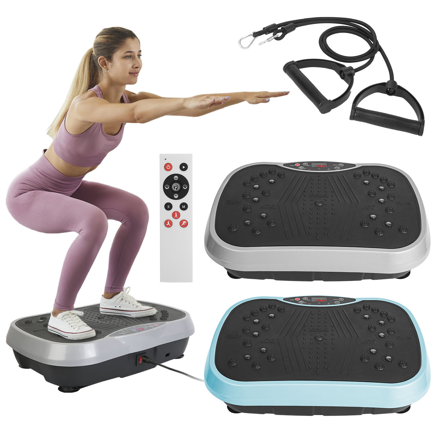 thumbnail video image 2 of Vibration Fitness Exercise Machine Vibrating Full Body Shaker Workout Vibrate Stand Shake Board Sport Gym for Weight Loss Fat Burner for Women Men with Two Bands & Remote Grey Black, 2 of 13