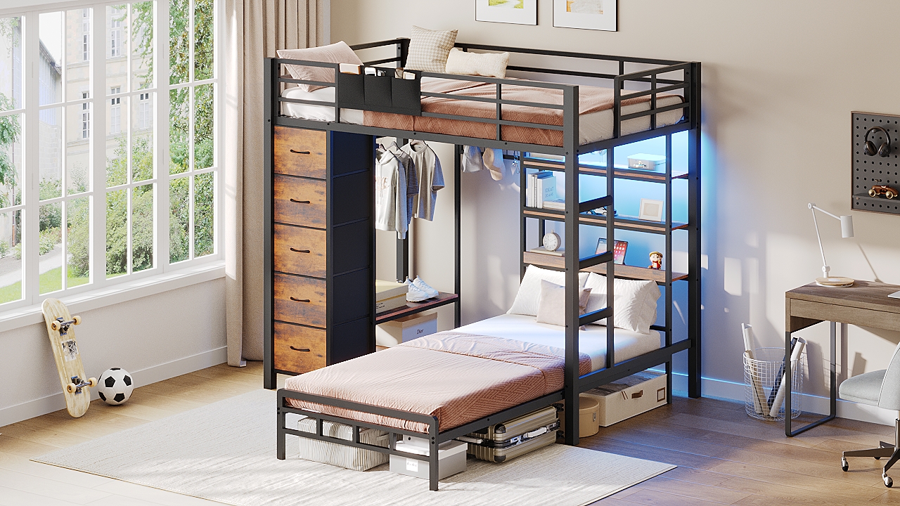 thumbnail video image 2 of Torveric Bunk Bed Twin Over Twin with Storage Hall Tree and LED Shelves & Drawers Full-length Guardrail & Ladder White Maximize Space Saving Small Bedroom Furniture, 2 of 13