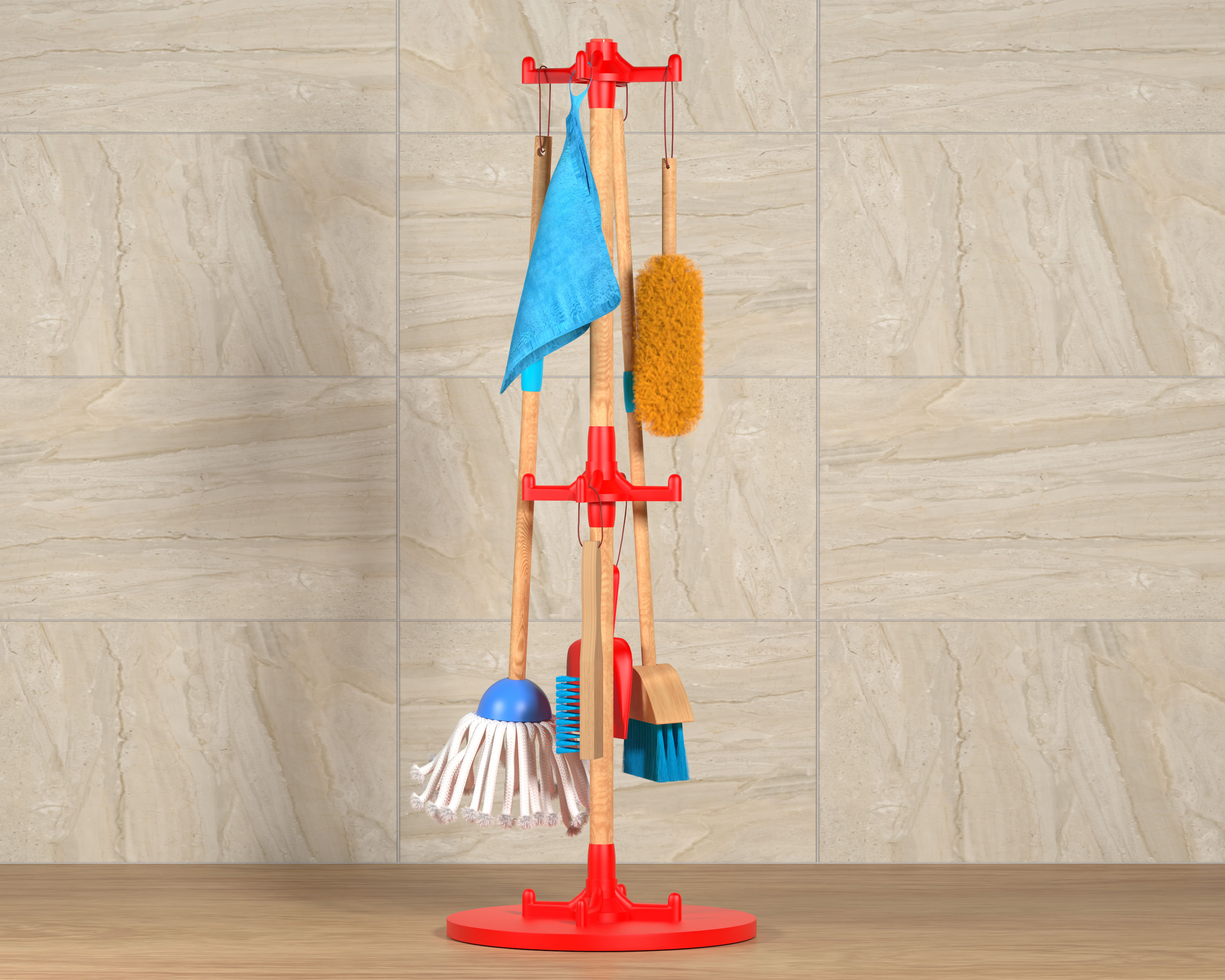 JustForKids Wooden Detachable Kids Cleaning Set - Duster, Brush, Mop, Broom  and Hanging Stand Play - Housekeeping Kit - STEM Toys for Toddlers Girls 