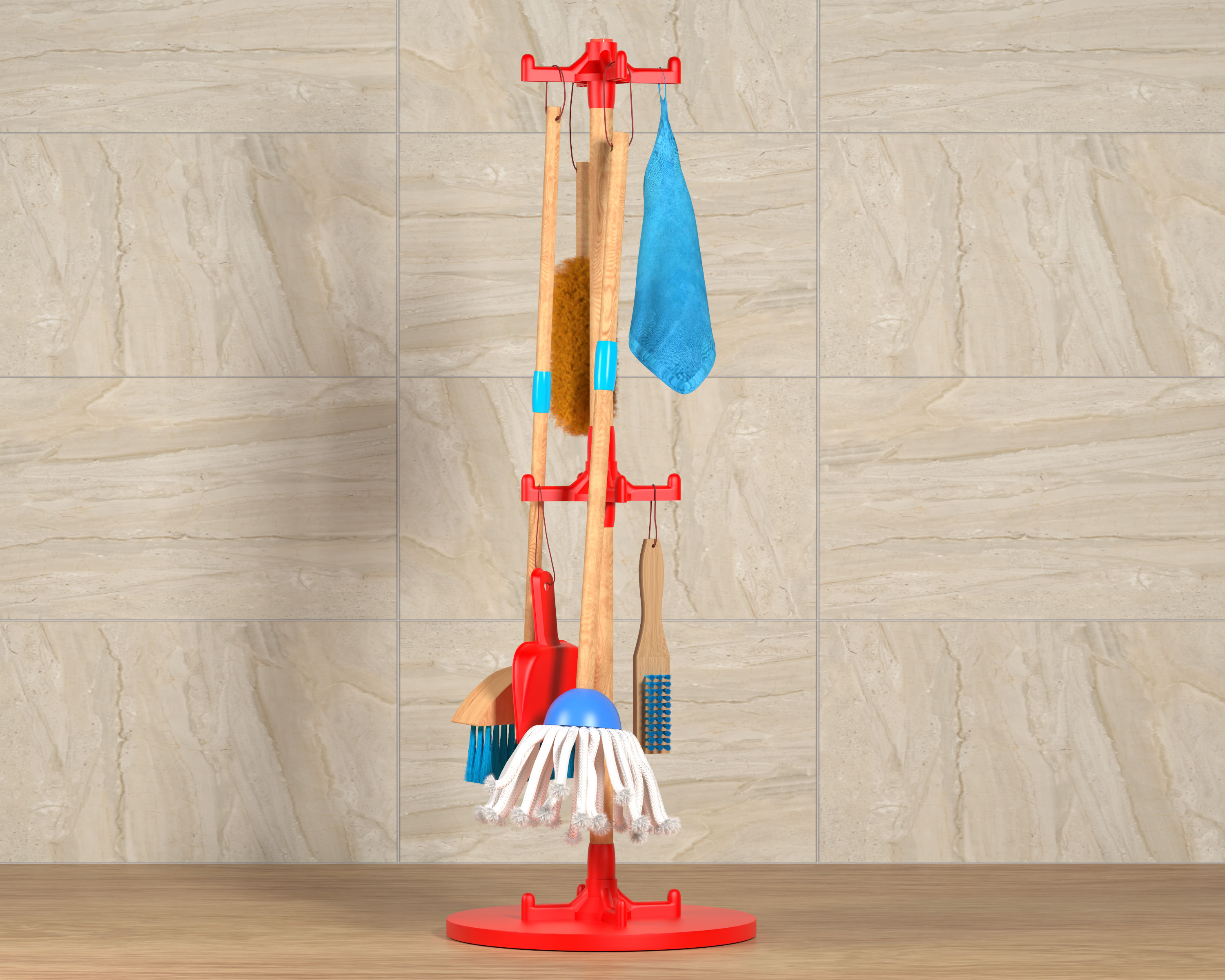 JustForKids Wooden Detachable Kids Cleaning Toy Set - Duster, Brush, Mop, Broom and Hanging Stand Play - Housekeeping Kit - Stem Toys for Toddlers