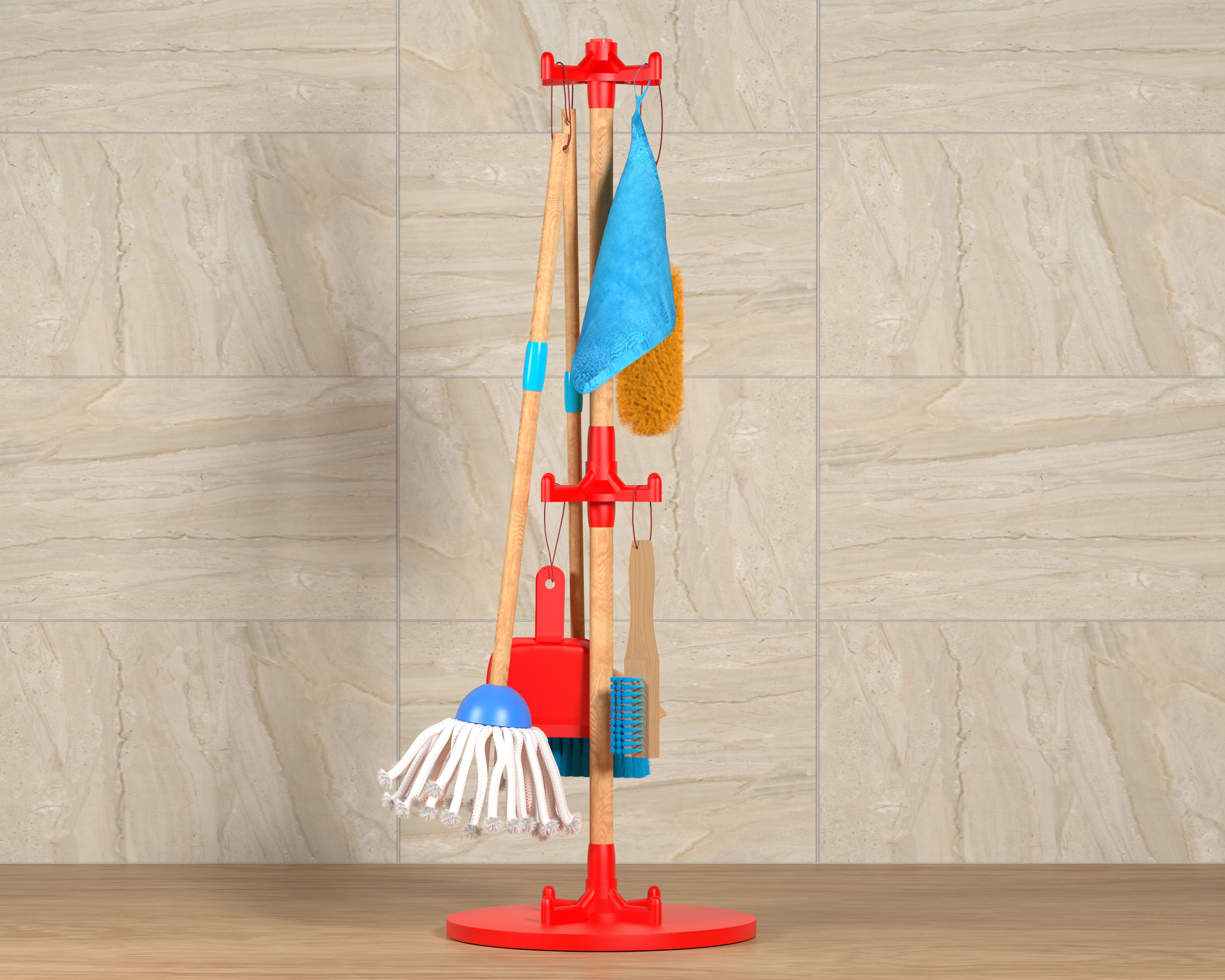 JustForKids Wooden Detachable Kids Cleaning Toy Set - Duster, Brush, Mop, Broom and Hanging Stand Play - Housekeeping Kit - Stem Toys for Toddlers