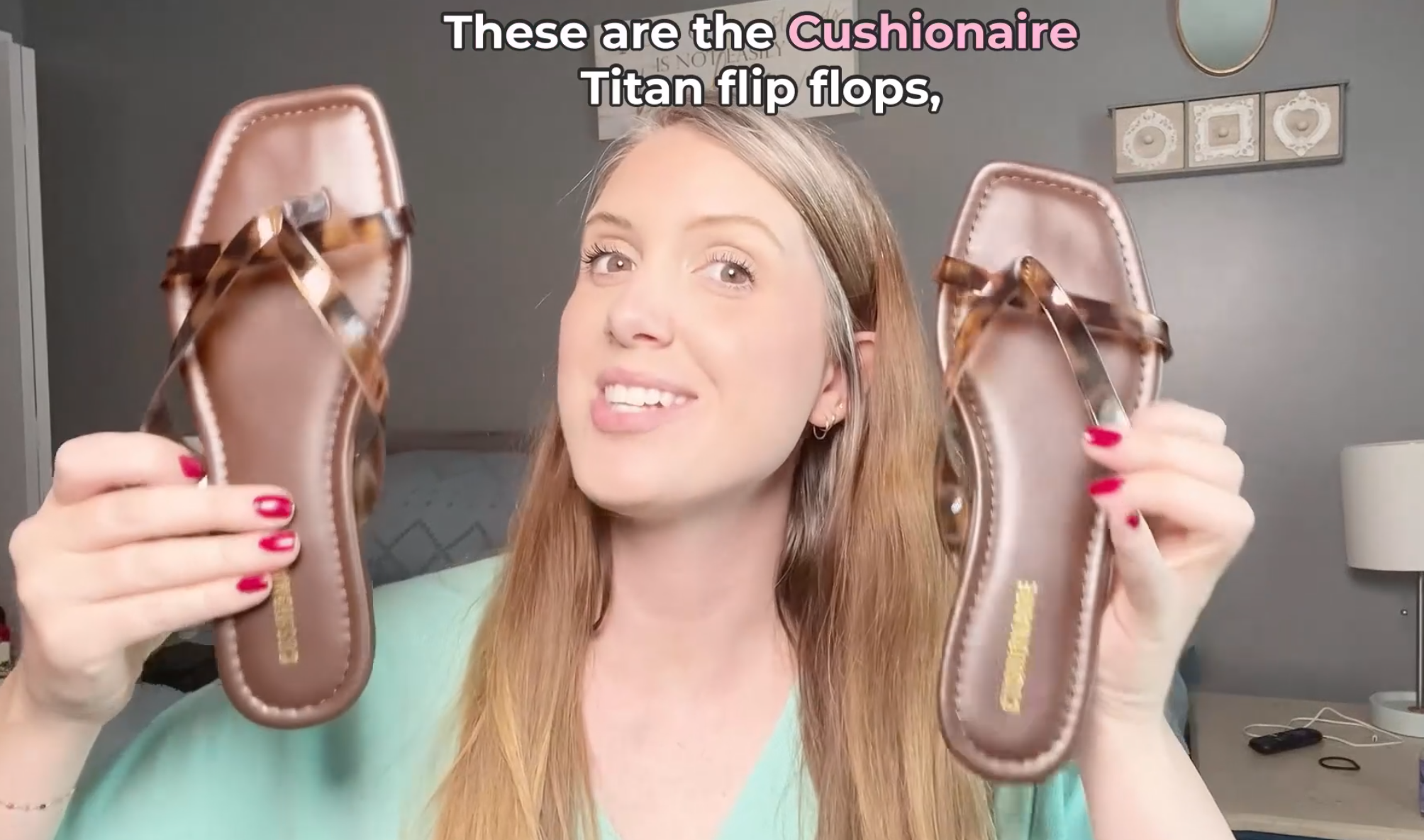 thumbnail video image 2 of Cushionaire Titan Square Toe Flip Flops for Women, Dressy Slip On Flat Womens Sandals with Cushioned Footbed, 2 of 27