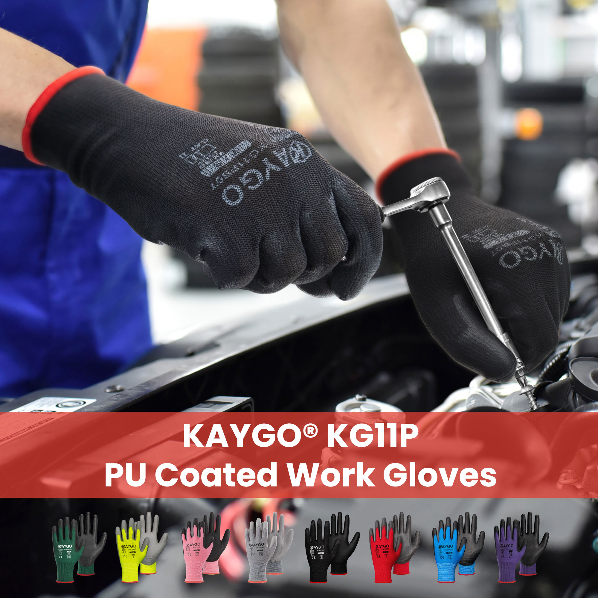 thumbnail video image 2 of KAYGO Safety Work Gloves, 12 Pairs, PU Coated Seamless Knit Gloves for Men and Women (L, Blue), 2 of 7