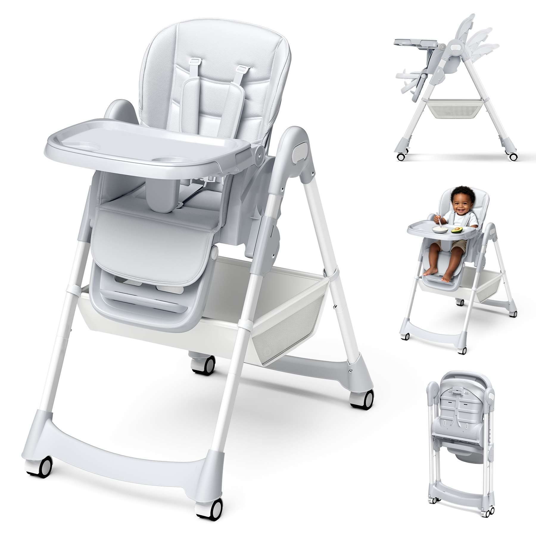 thumbnail video image 2 of COOSEYA High Chair for Babies and Toddlers, Baby High Chair with Removable Tray, Adjustable Backrest, Footrest Height Settings, Space-Saving Design, Foldable（Gray）, 2 of 9