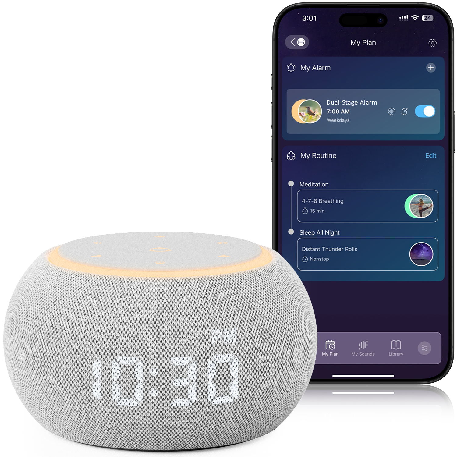 thumbnail video image 2 of Hotmoon Alarm Clock with Sound Machine for Sleep, Luna Pro Dual-Stage Alarm, 507 Non Looping Sounds, Smart Night Light & Timer, Pink Green Brown White Noise Machine for Sleeping Adult Office Plug in, 2 of 10