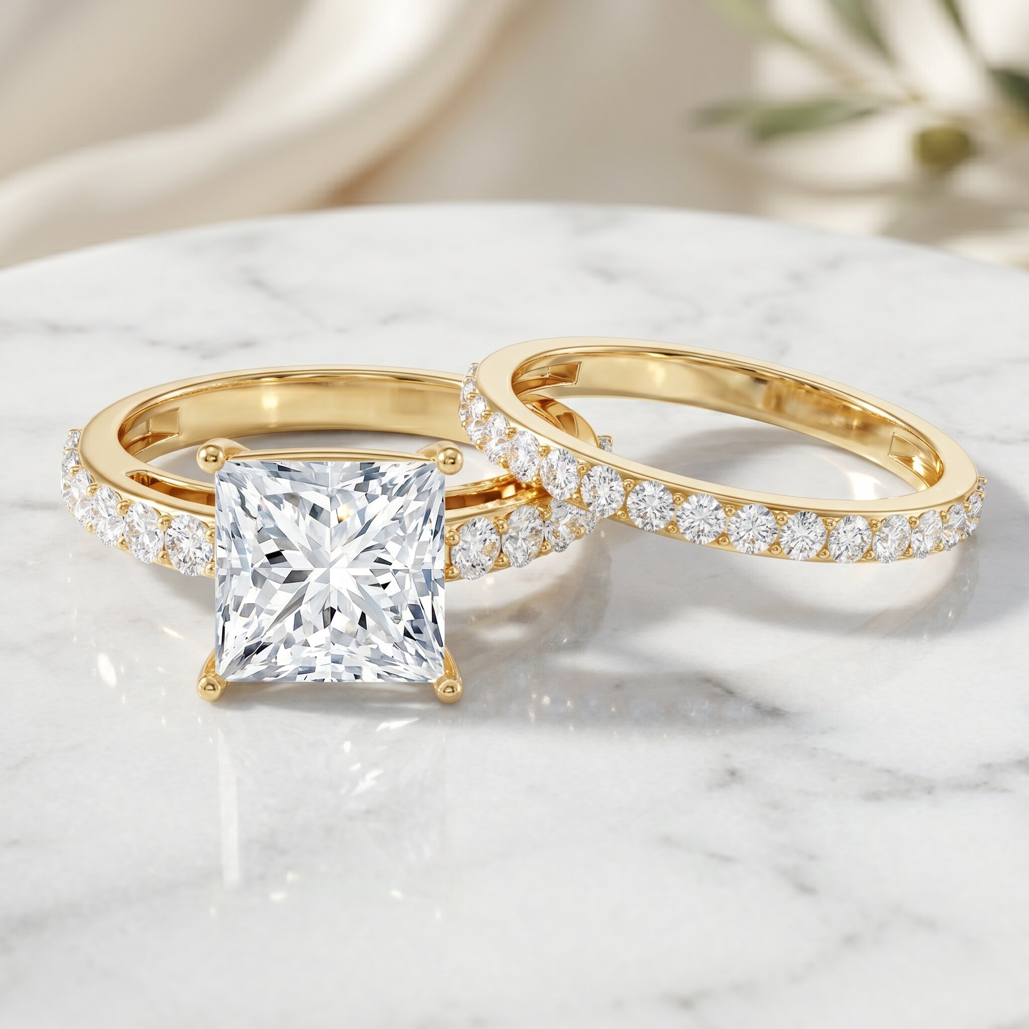 thumbnail video image 2 of Rosec Jewels 4 Carat Lab Grown Diamond Princess Cut Engagement Ring Set of 2 (E-VS1 Grade, IGI Certified) - with Jewelry Box, 925 Sterling Silver, US 4.00, 2 of 9