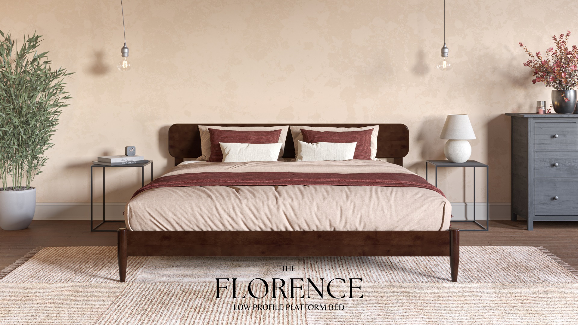 thumbnail video image 2 of AFI Florence Full Solid Wood Low Profile Platform Bed, Light Toffee, 2 of 14