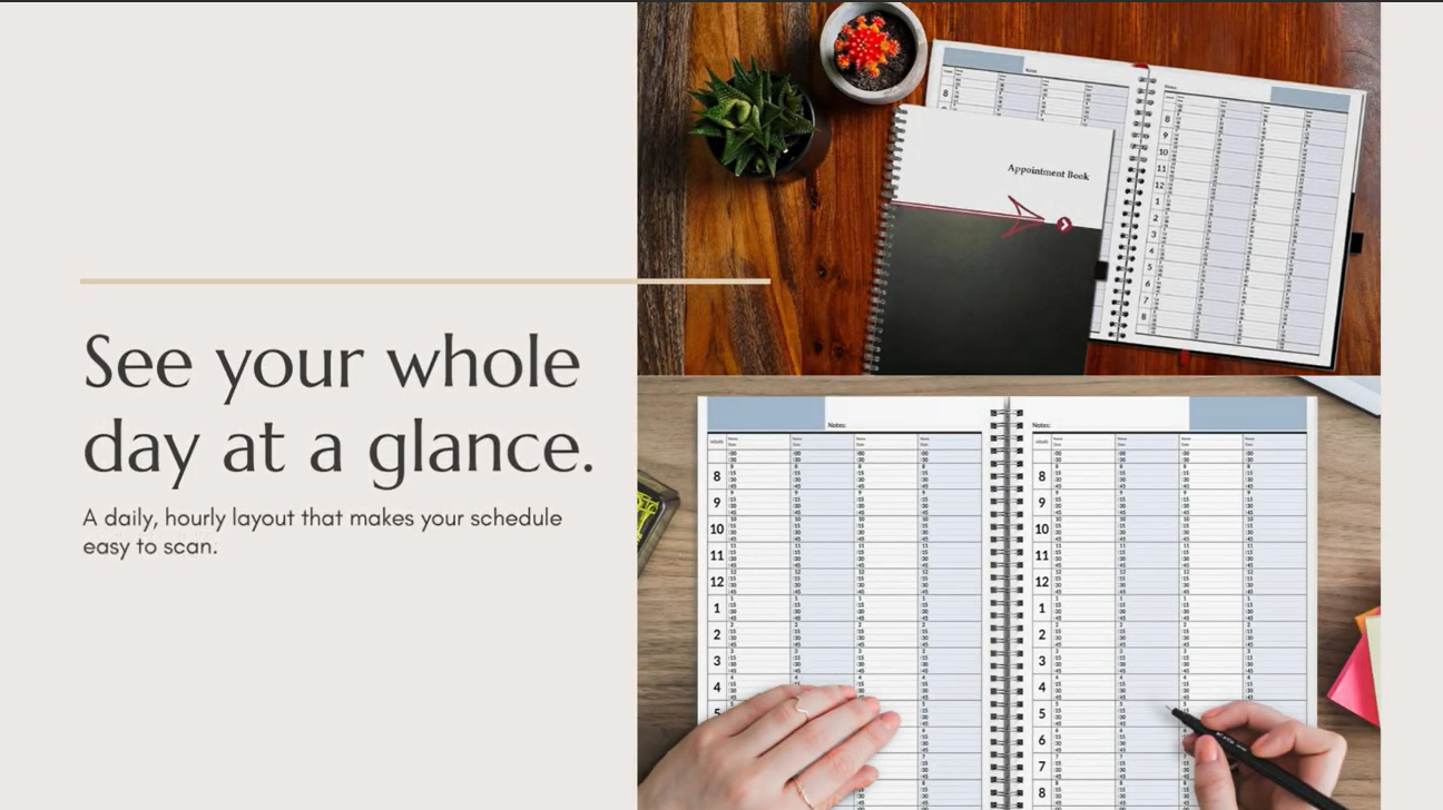 thumbnail video image 2 of StriveZen Undated 2-Year Appointment Planner Book, Large 8" x 11" Hardcover Organizer with 4 Columns and 15-Minute Time Slots, 2 of 8