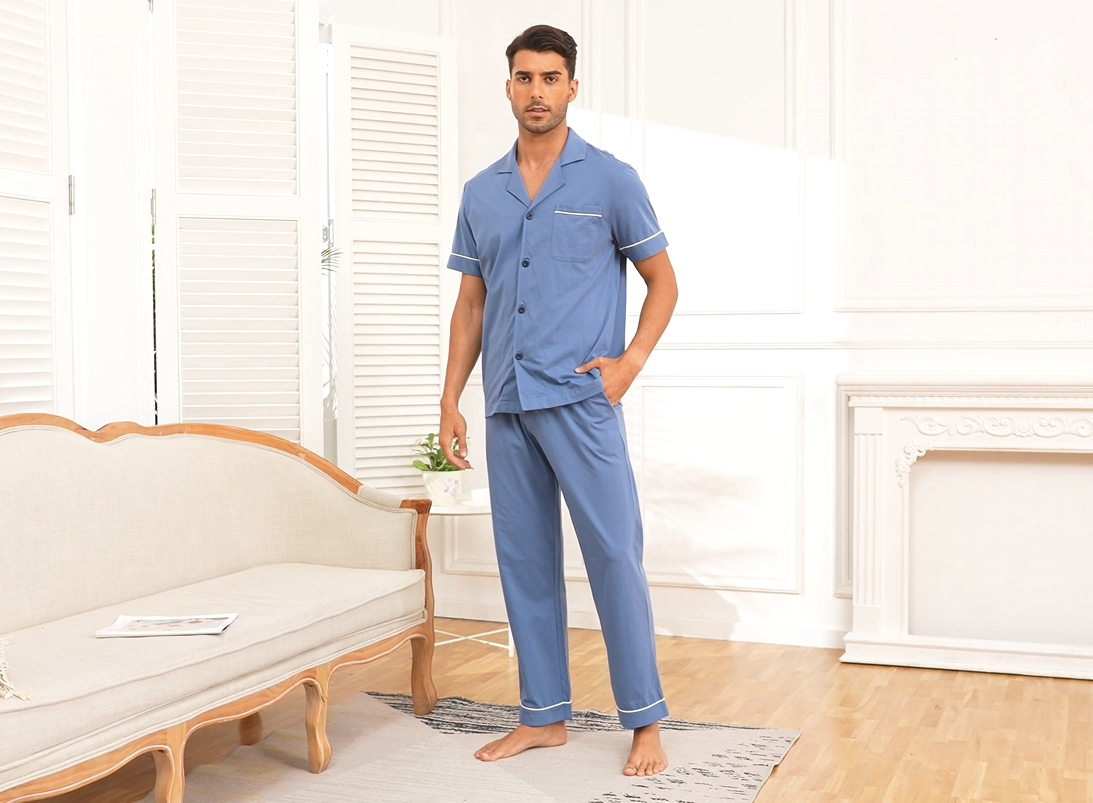 thumbnail video image 2 of ANLIQI Men's 100% Cotton Pajamas Set Button Down Sleepwear Short Sleeve and Long Pants Pjs (Heather Navy,L), 2 of 7