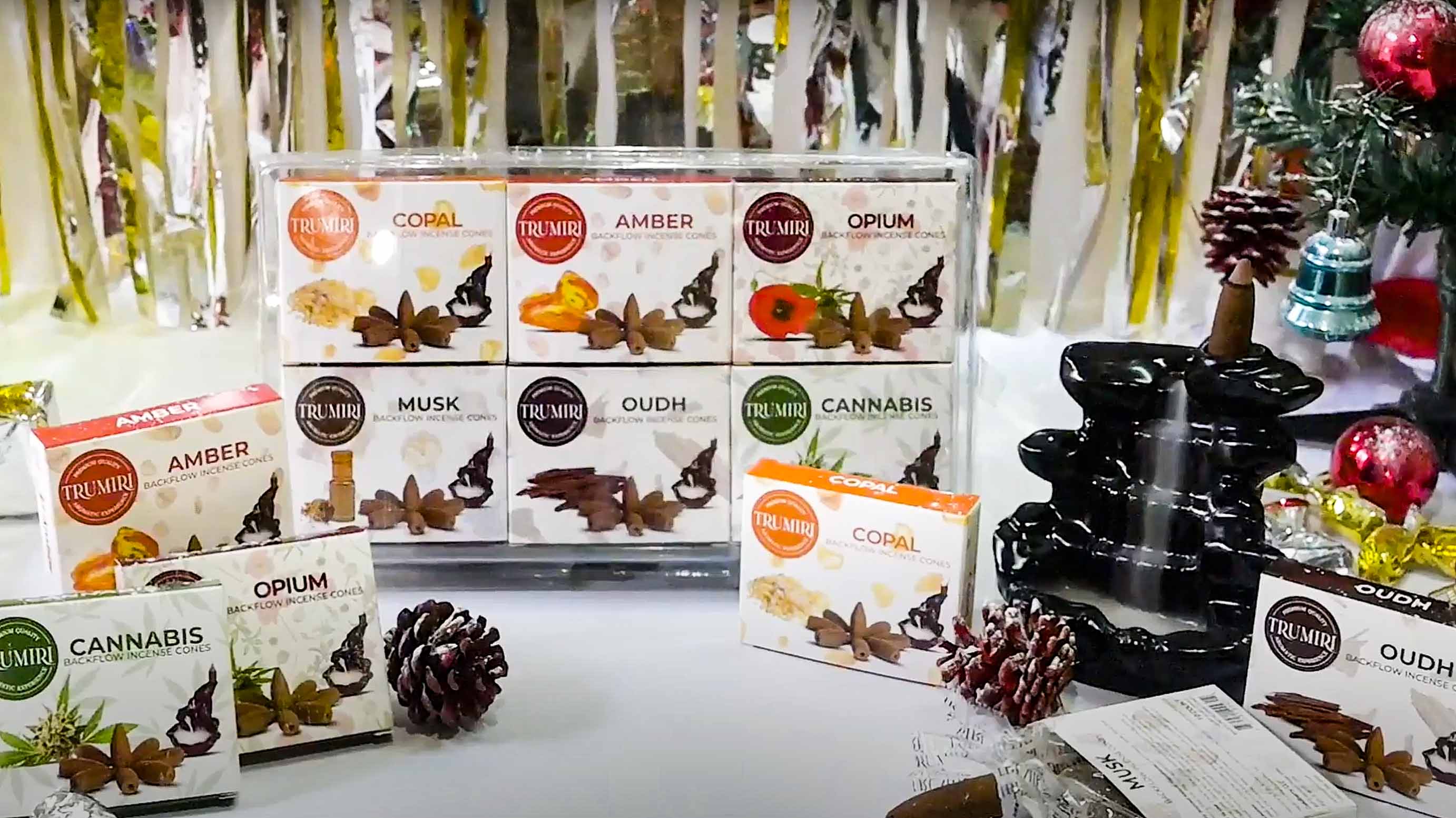 thumbnail video image 2 of Trumiri Exotic Backflow Incense Cones - Variety Pack - Total 60 Incense Cones Waterfall (6 Scents X 10 Conos) - Copal, Oud, Musk, Amber - Incense Backflow Cones, 2 of 9