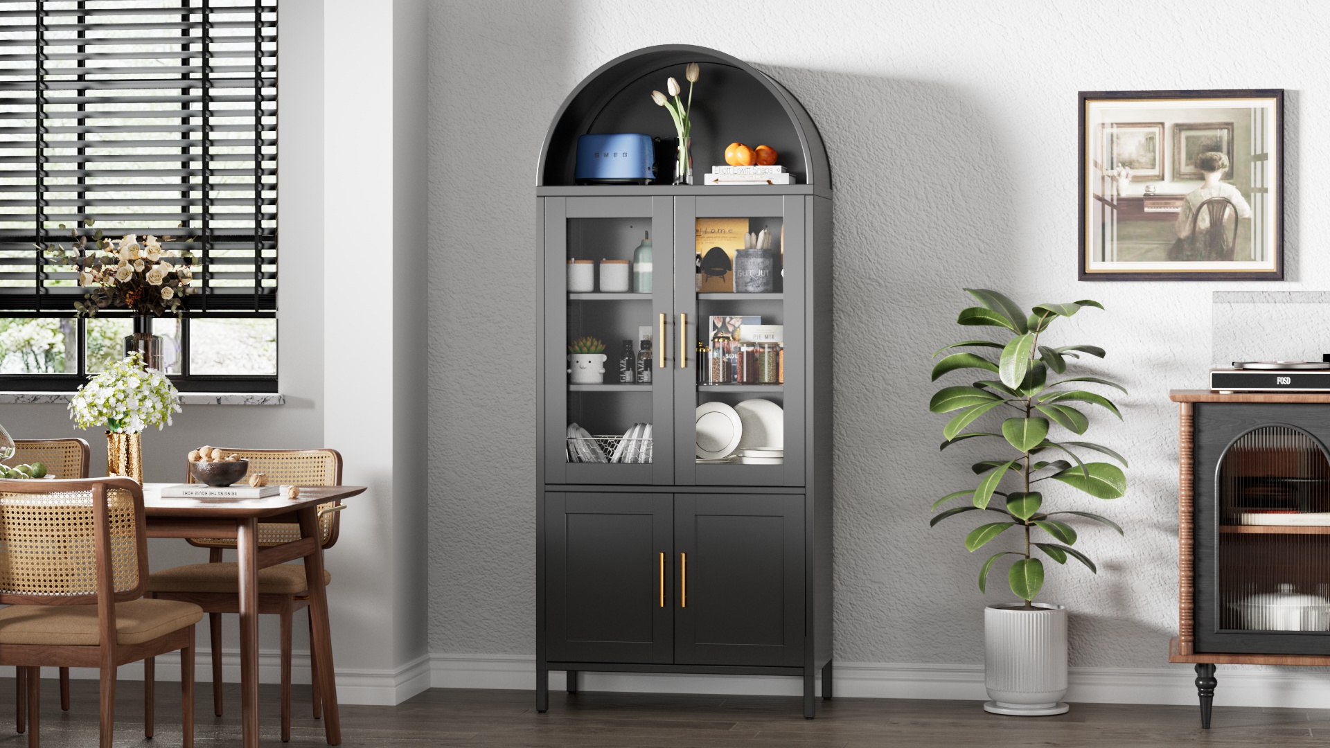thumbnail video image 2 of SUPEER 73" Tall Metal Arched Display Cabinet, Arched Storage Bookcase with Glass Doors, Curio Kitchen Pantry Cabinet for Living Room, Assembly Required, Black, 2 of 9
