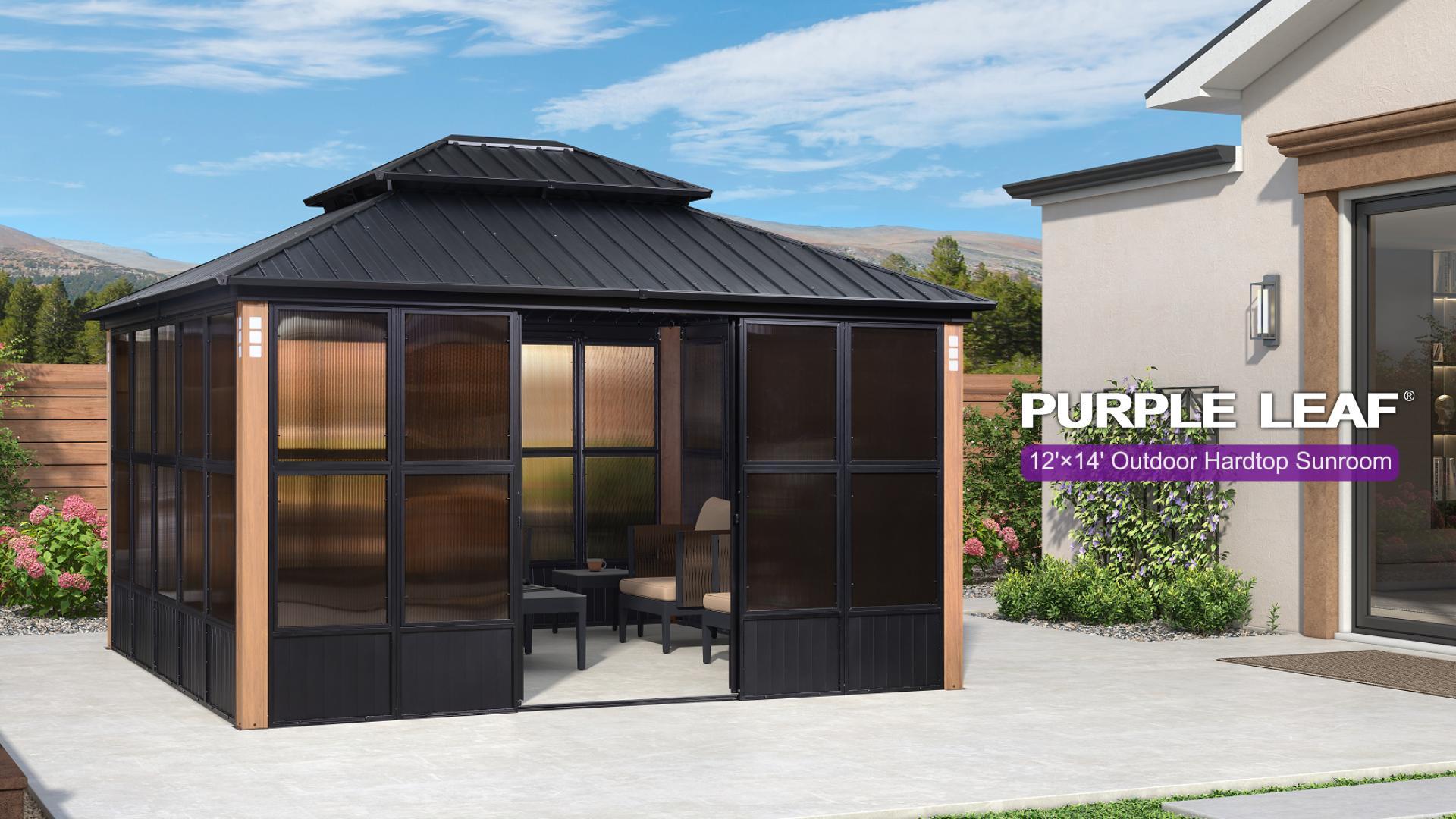 thumbnail video image 2 of PURPLE LEAF 12' x 14' Permanent Hardtop Gazebo Aluminum Frame Gazebo with Galvanized Steel Double Roof, Solarium Backyard Sun Room with Detachable Windows for Backyard Patio Lawn and Garden, 2 of 13