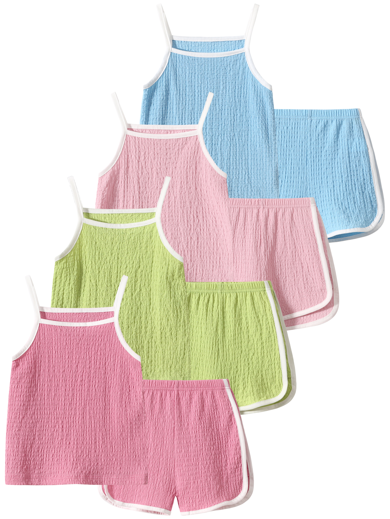 thumbnail video image 2 of Jolyshlid Girls Summer Clothes 8 Piece Outfit Set for Kids, Cami Tank Tops and Shorts Matching Sets, Breathable Casual Beach Wear,Pink Yellow Purple Red,9Years, 2 of 9