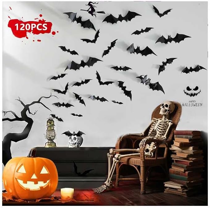 thumbnail video image 2 of 120pcs Halloween Bats Decorations Outdoor Indoor, Halloween Party Supplies, 3D Bat Stickers for Wall Window Home Kitchen Scary Decor (4 Sizes, Black), 2 of 8