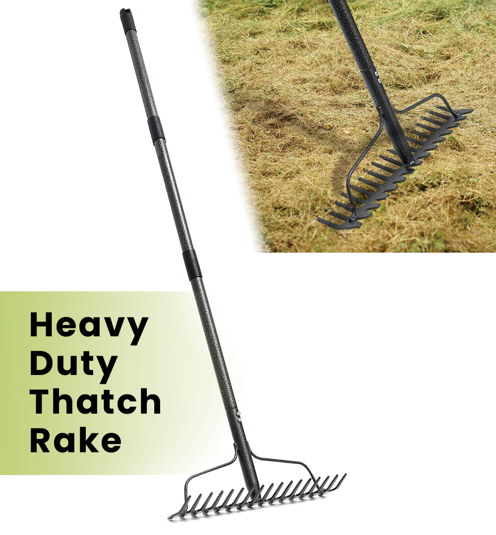 thumbnail video image 2 of FENHRTVM Thatch Rake , 78in Adjustable Garden Rake , Heavy Duty Rakes for Lawns, Gathering Leaf Loosening Soil, Black, 2 of 7