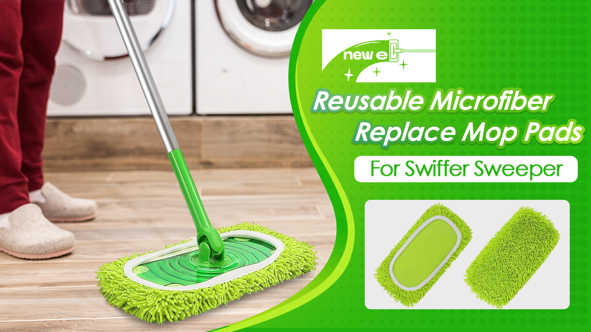 thumbnail video image 2 of NEWE Reusable Microfiber Mop Pads 4 Pack Compatible with Swiffer Sweeper (Green), 2 of 8