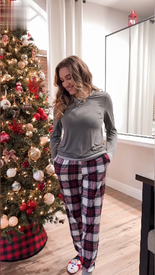 thumbnail video image 2 of Avidlove Women Pajama Sets with Pocket Comfy Long Sleeve Pajama with Plaid Jogger Pants Lounge Sets Crew Neck Soft Christmas Sleepwear, 2 of 8