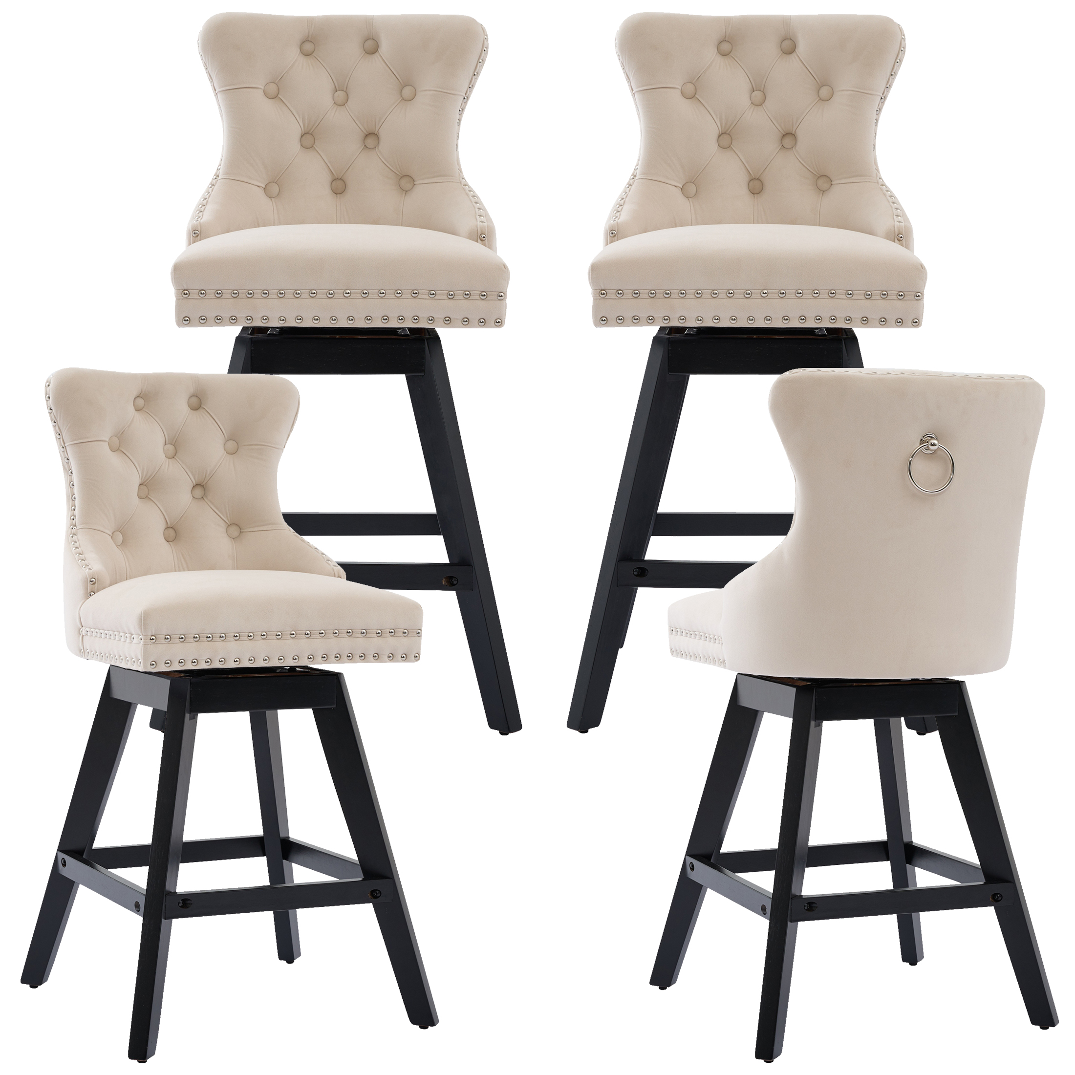 thumbnail video image 2 of Swivel Bar Stools Set of 4, 26" Counter Height Bar Stools with Back, Farmhouse Velvet Barstools for 34–38" Kitchen Island, Beige (Set of 4), 2 of 11