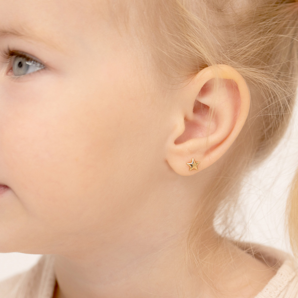 thumbnail video image 2 of Puffed Star Toddler / Kids / Girls Earrings Safety Screw Back - 14k Gold, 2 of 6