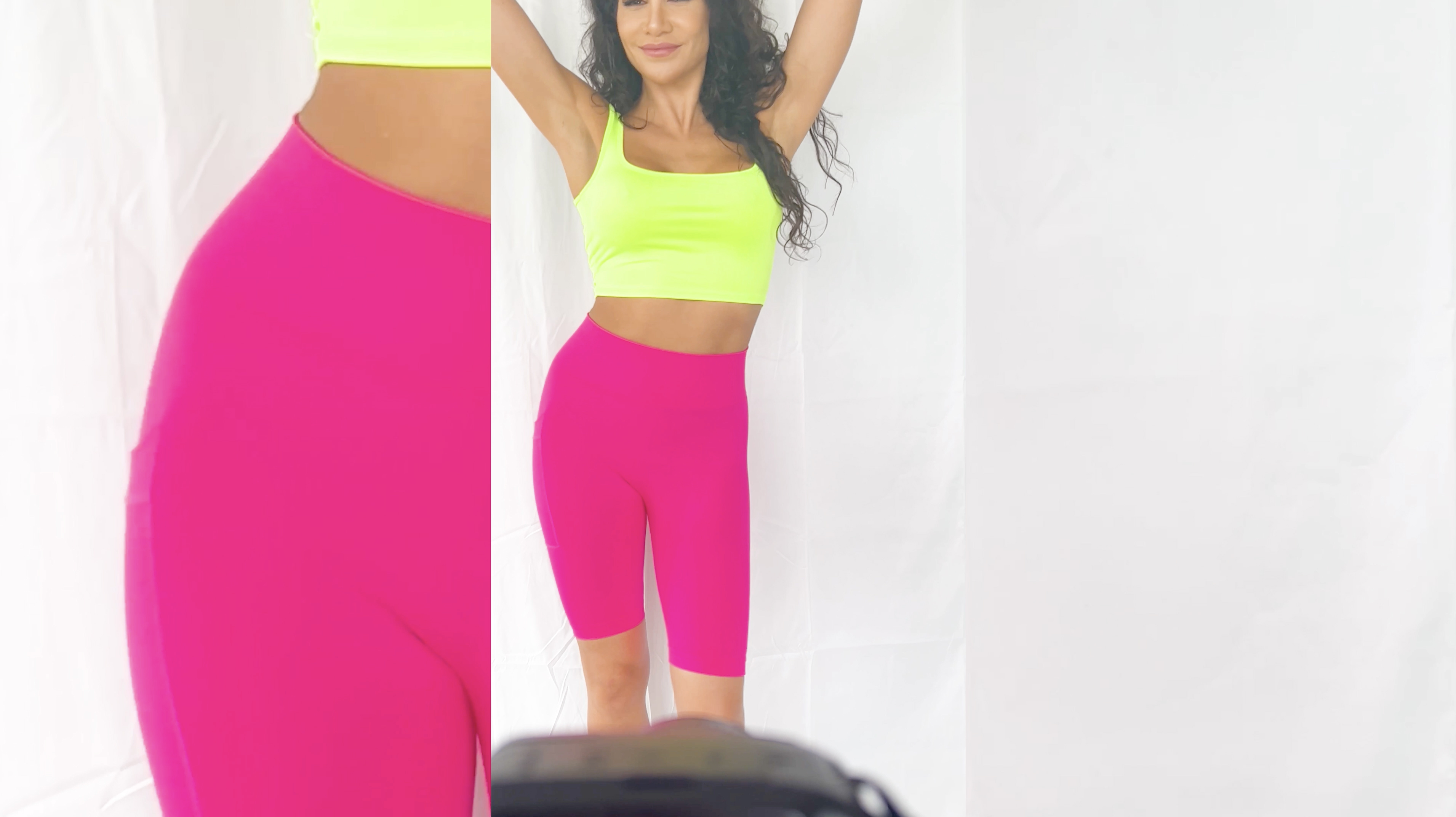 thumbnail video image 2 of Solid Neon colored High Waist Athletic Seamless Biker Shorts with Side Pocket, 2 of 3