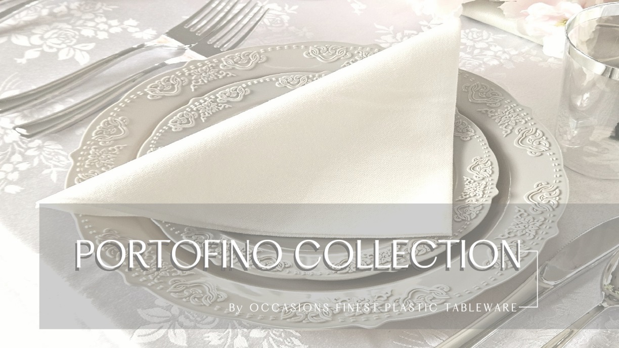 thumbnail video image 2 of " OCCASIONS " 100 Plates Pack,(50 Guests) Vintage Wedding Party Disposable Plastic Plates Set -50x10.25'' Dinner + 50x7.5'' Salad/Dessert Plate (Portofino Warm Gray), 2 of 7