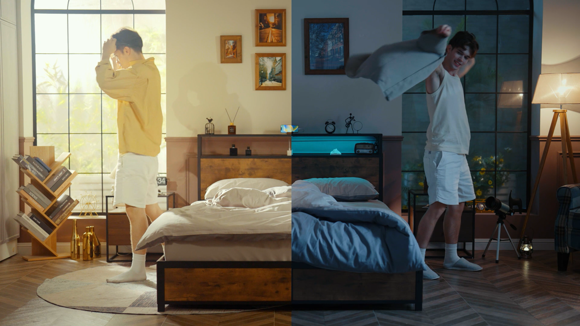 thumbnail video image 2 of Lifezone Queen Bed Frame with Headboard Platform Bed with Charging Station & LED, 4 Storage Drawers, Metal Support, Vintage Brown, 2 of 8