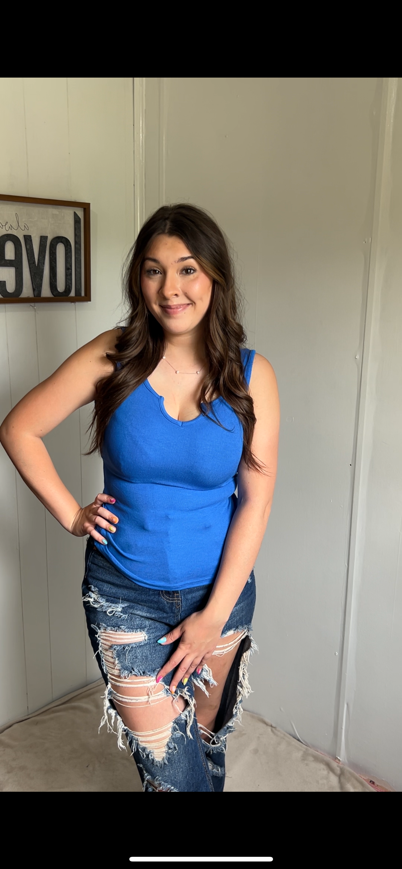 thumbnail video image 2 of Ladybranch Women's Sleeveless Shirt Ribbed Fitted Scoop Neck Stretchy Basic Long Blue Tank Top(Blue,XL), 2 of 8