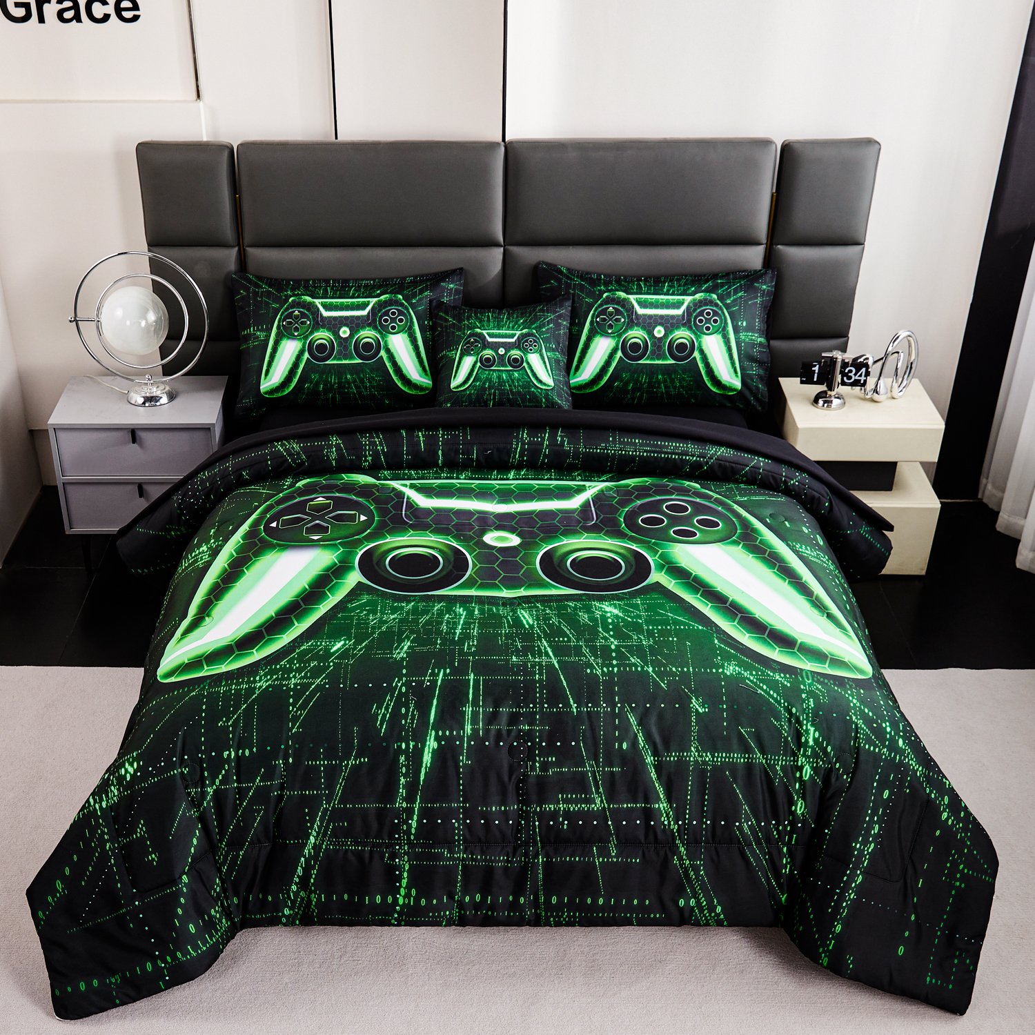 thumbnail video image 2 of URBONUR Green Boys Comforter Sets Full Size Game Bedding Set for Kids Teens Green Lightning Gamepad Boy Bed Sets 6 Pieces Video Gaming Console Black Bed in a Bag with Sheet Set(Green Full), 2 of 10