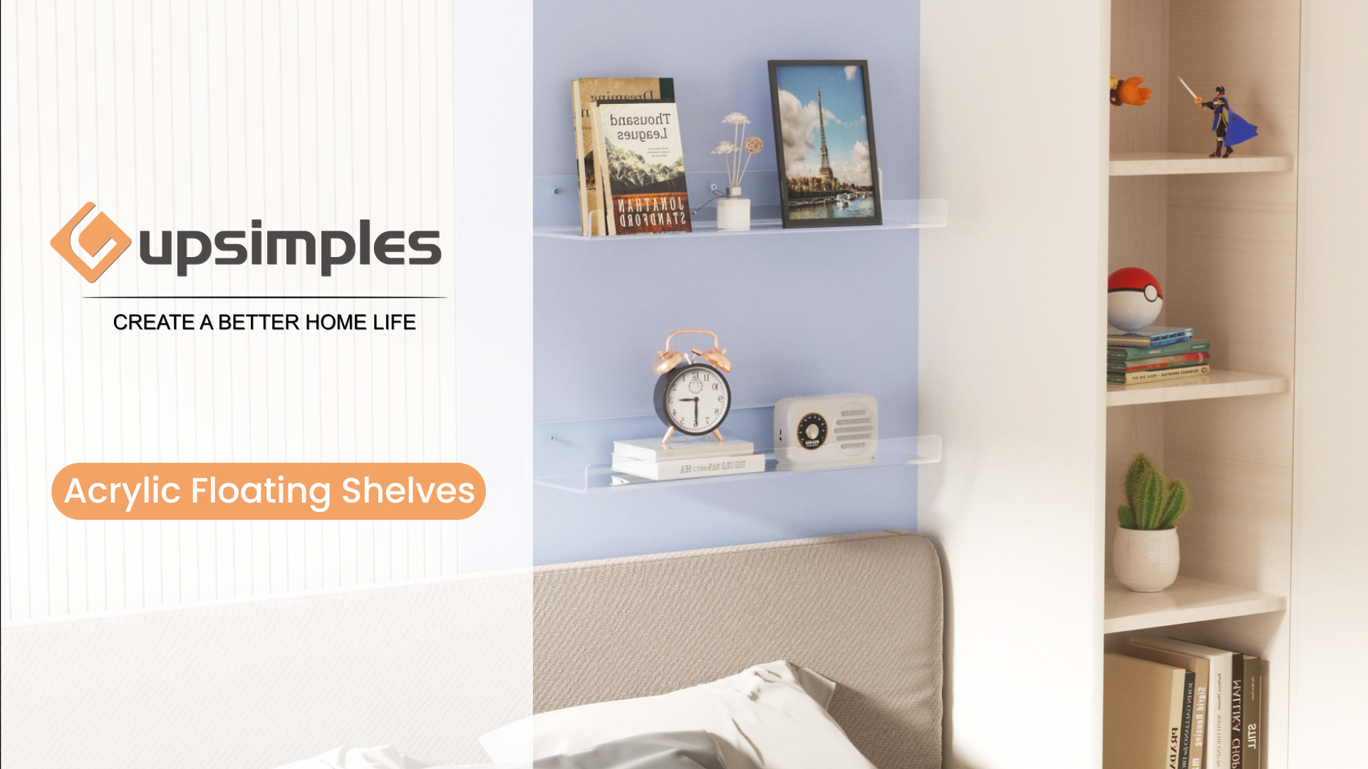 thumbnail video image 2 of 15" Acrylic Floating Shelves Wall Mounted, Upsimples 5pack Clear Acrylic Shelves, for Bedroom, Living Room, Bathroom, Kitchen, 2 of 11